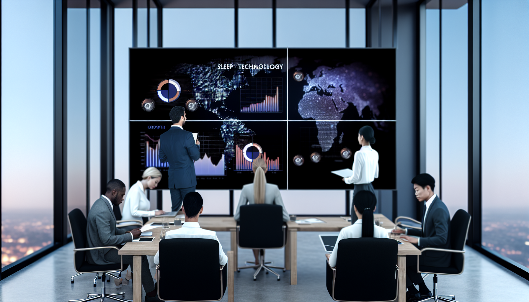 スリープテック市場の成長を示すグラフとビジネス会議